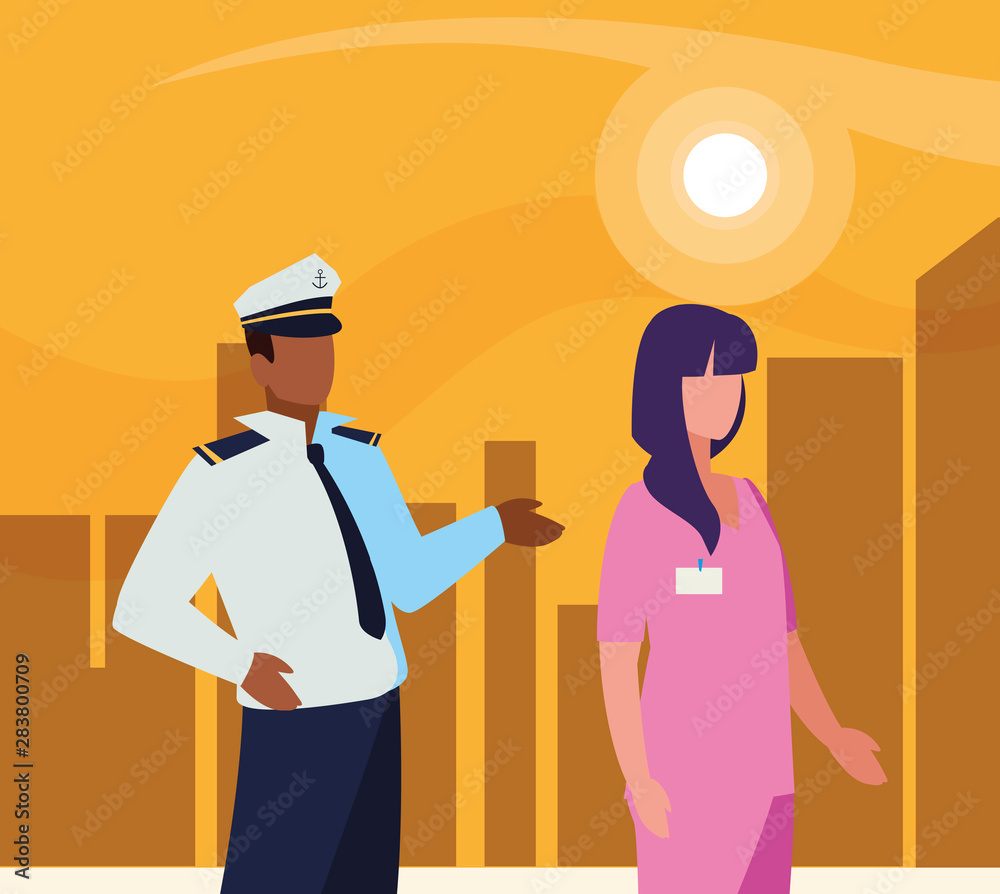 couple of professional workers in cityscape at sunset