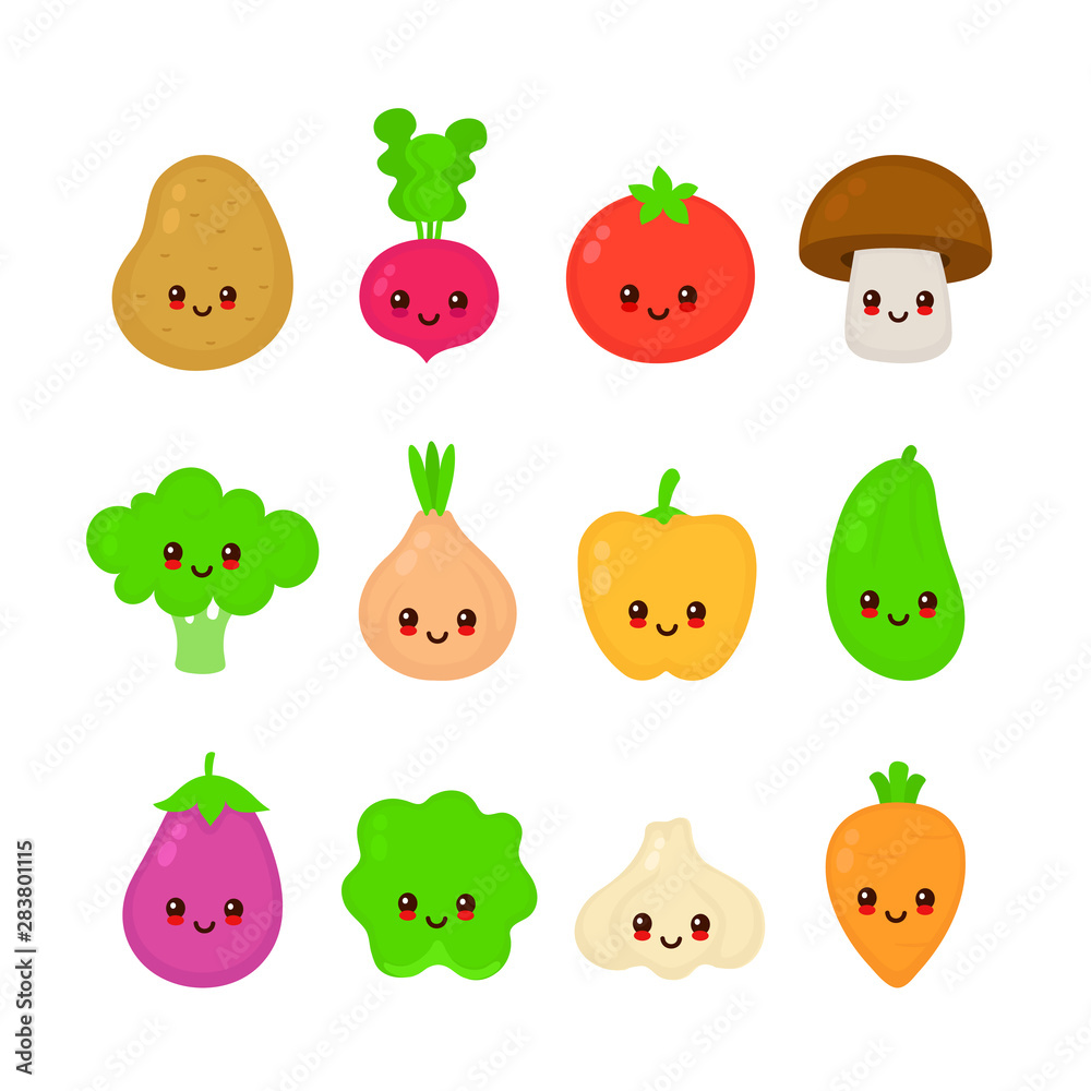 Cute happy smiling raw vegetable collection Cute happy smiling raw vegetable collection