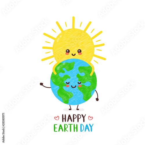 Cute happy smiling sun hugs Earth 