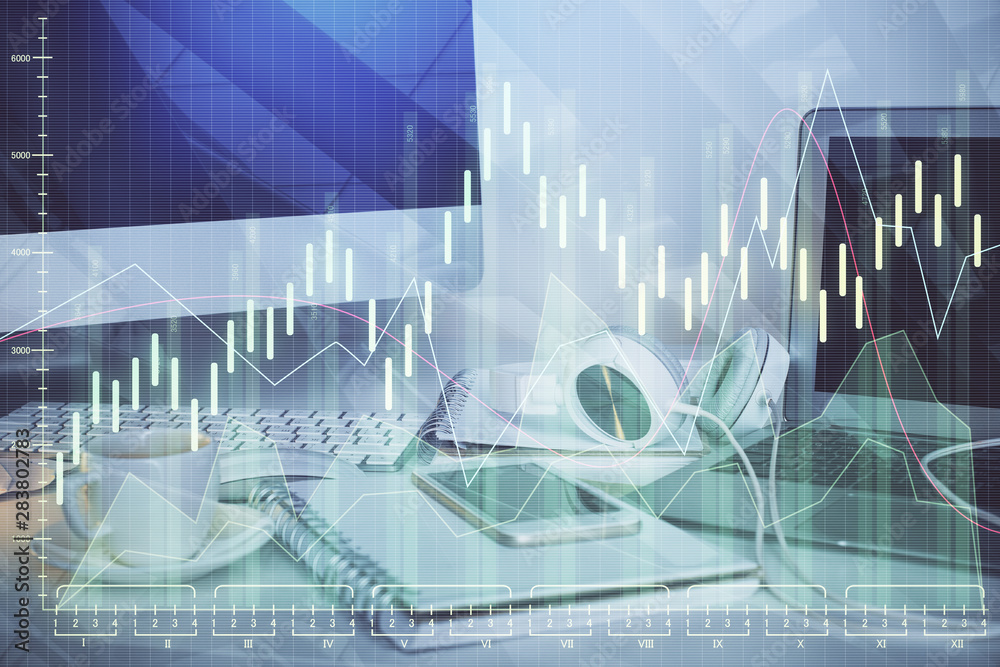 Multi exposure of graph and financial info and work space with computer background. Concept of international online trading. Multi exposure of graph and financial info and work space with computer background. Concept of international online trading.