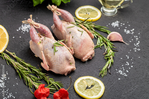 Obraz na plátně Fresh raw meat quails with herbs and greens rosemary, basil ready for cooking on close-up