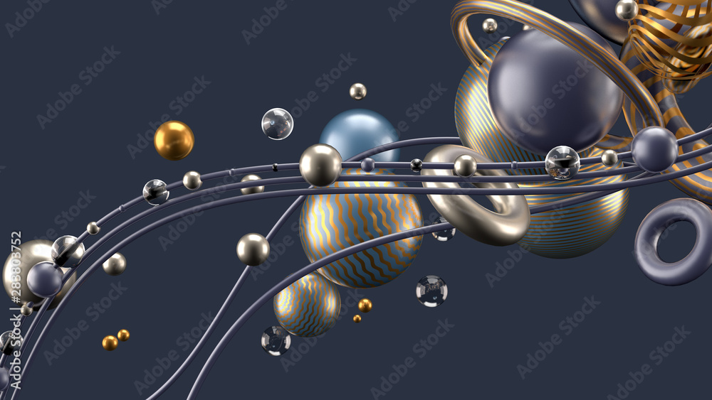 Obraz premium Beautiful abstract background with volume elements, balls, texture, lines. 3d illustration, 3d rendering.