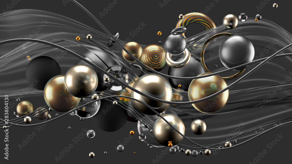 Obraz premium Beautiful abstract background with volume elements, balls, texture, lines. 3d illustration, 3d rendering.