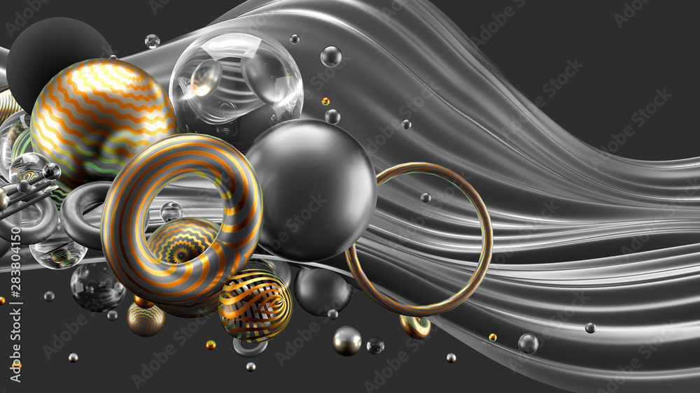 Fototapeta premium Beautiful abstract background with volume elements, balls, texture, lines. 3d illustration, 3d rendering.