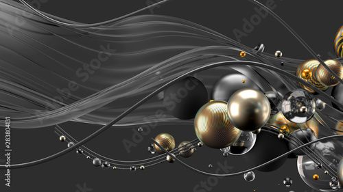 Beautiful abstract background with volume elements  balls  texture  lines. 3d illustration  3d rendering.