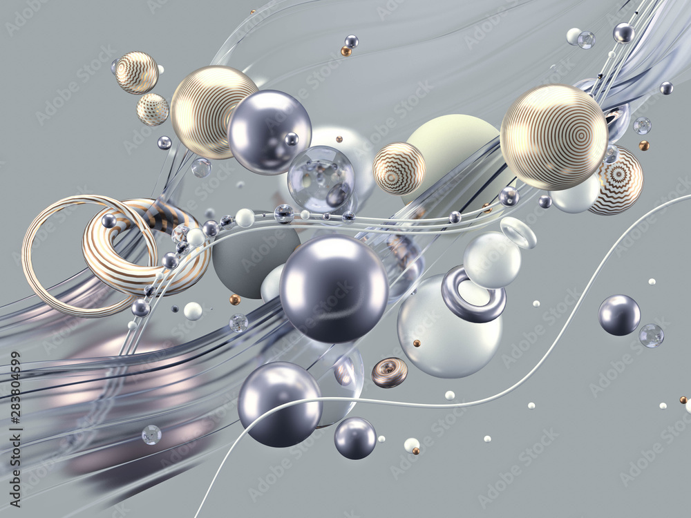 Obraz premium Beautiful abstract background with volume elements, balls, texture, lines. 3d illustration, 3d rendering.