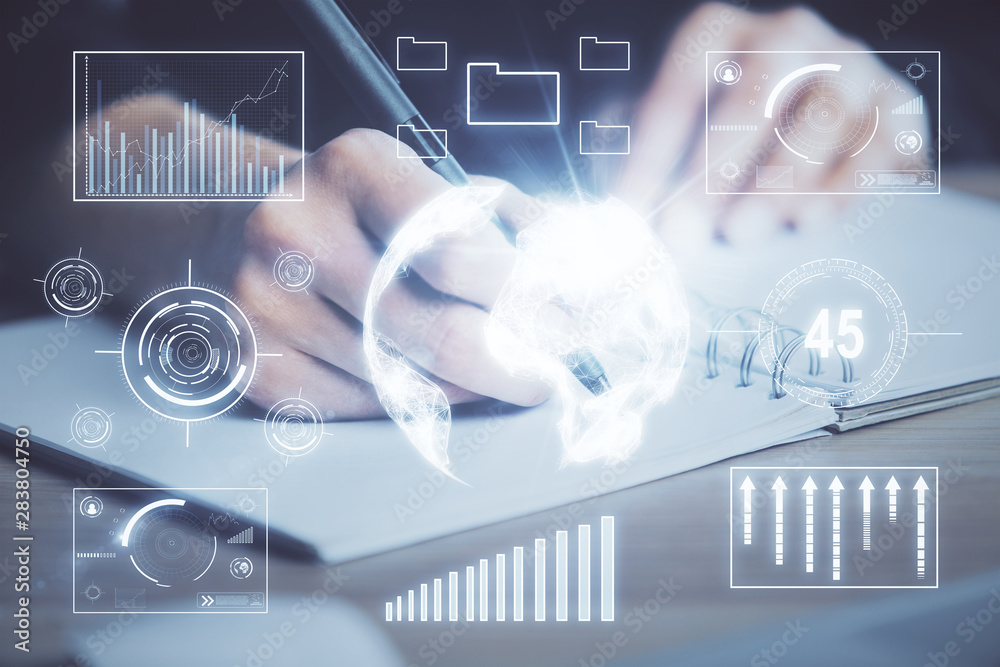 Forex graph on hand taking notes background. Concept of research. Multi exposure Forex graph on hand taking notes background. Concept of research. Multi exposure