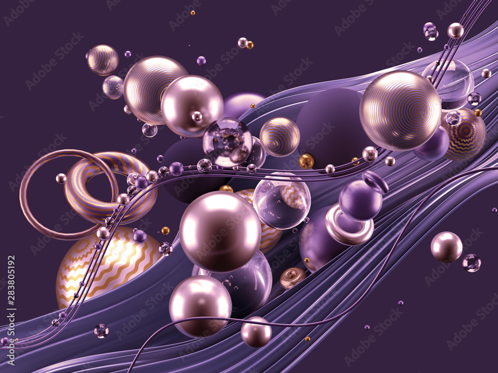Obraz premium Beautiful abstract background with volume elements, balls, texture, lines. 3d illustration, 3d rendering.