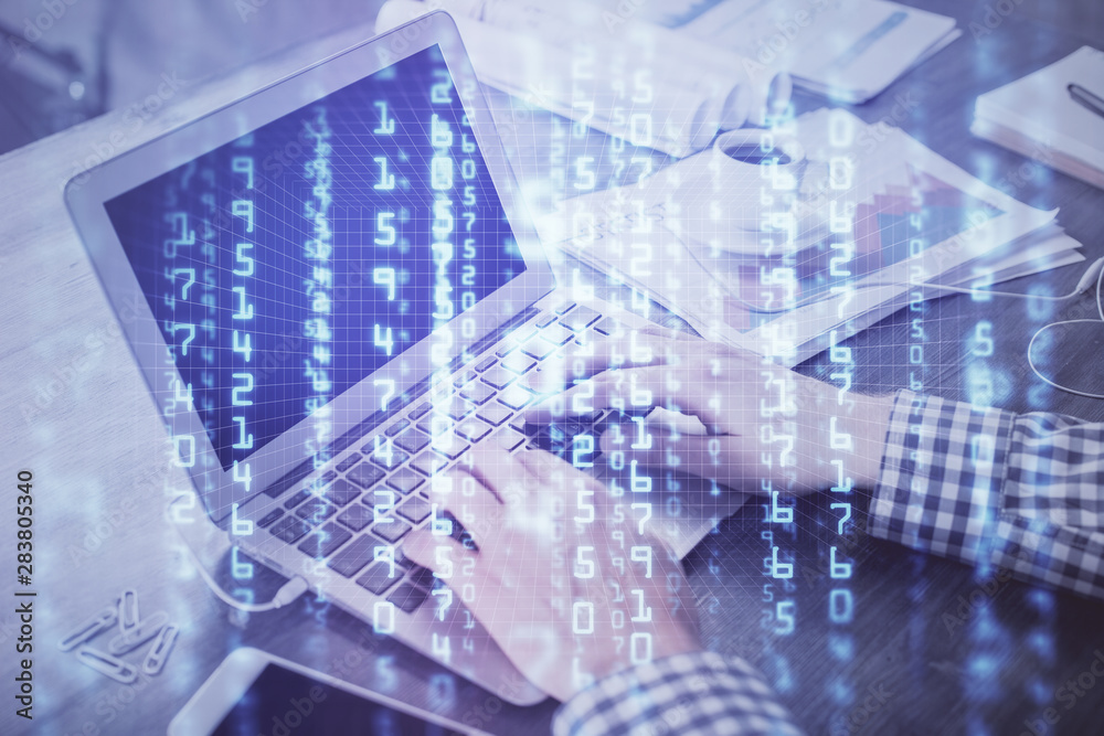Double exposure of forex chart with man working on computer on background. Concept of market analysis. Double exposure of forex chart with man working on computer on background. Concept of market analysis.