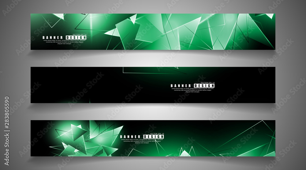 banner collection. abstract background with luminous green triangles   that overlap . isolated black background. vector illustration of eps 10