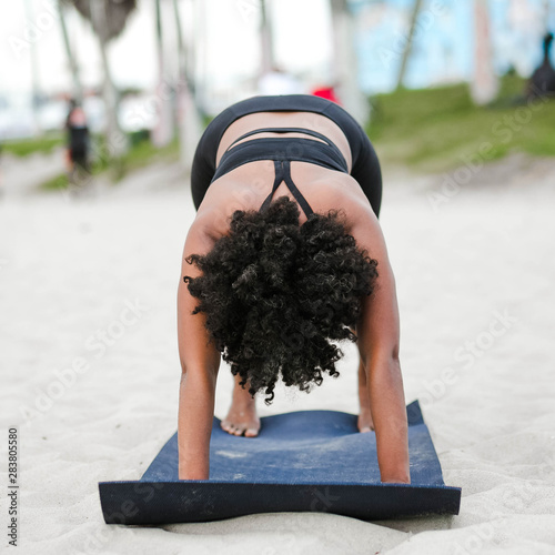 Eye level view of woman doing yoga
