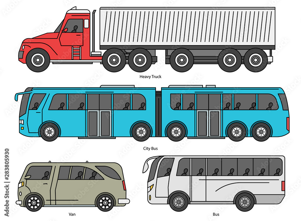 Car body style. Outline Public transport and Passenger Coupe. City bus,  color heavy truck, cartoon Van. Three and five-door auto. Set of Monoline  doodle icons. Stock Vector | Adobe Stock