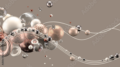 Beautiful abstract background with volume elements  balls  texture  lines. 3d illustration  3d rendering.