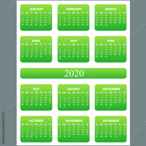 Calendar 2020. Wall planner calendars, week starts grid and year dates template. Date diary, business office calendar organizer planner vector illustration set