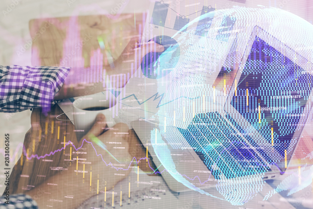 Double exposure of financial graph with man works in office on background. Concept of analysis. Double exposure of financial graph with man works in office on background. Concept of analysis.