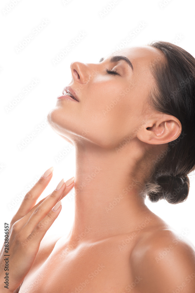 naked young woman gently touching neck with closed eyes isolated on white naked young woman gently touching neck with closed eyes isolated on white