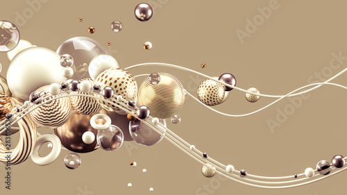 Beautiful abstract background with volume elements, balls, texture, lines. 3d illustration, 3d rendering.