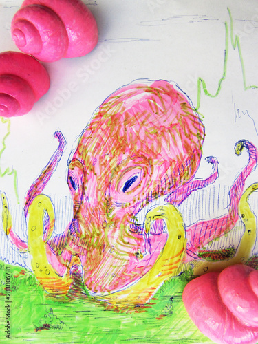 Drawing of a sea bright octopus with tentacles with pink shells on a white background.