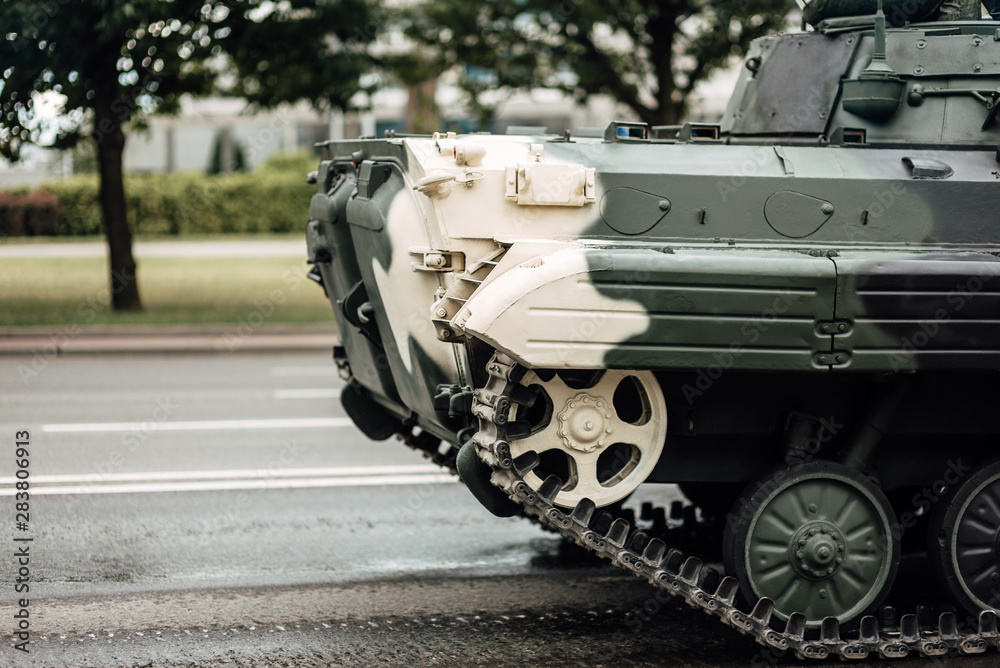 General rehearsal of the military parade in Belarus. Military equipment rides through city streets. Heavy fighting vehicles