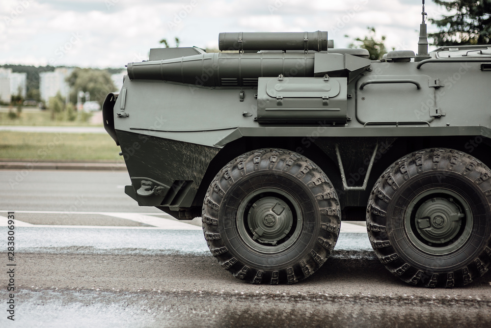 General rehearsal of the military parade in Belarus. Military equipment rides through city streets. Heavy fighting vehicles General rehearsal of the military parade in Belarus. Military equipment rides through city streets. Heavy fighting vehicles