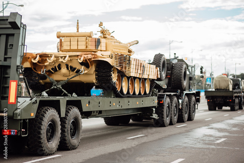General rehearsal of the military parade in Belarus. Military equipment rides through city streets. Heavy fighting vehicles