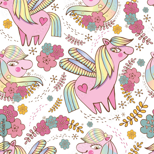 Children s seamless vector pattern. Cute, happy pink ponies among stars and flowers on white background. Fairy pony baby. The mythical pony for children. Beautiful background for textiles,