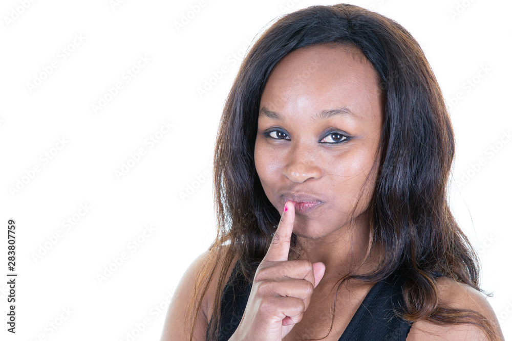black woman with hand finger over lips gesturing silence shh black woman with hand finger over lips gesturing silence shh