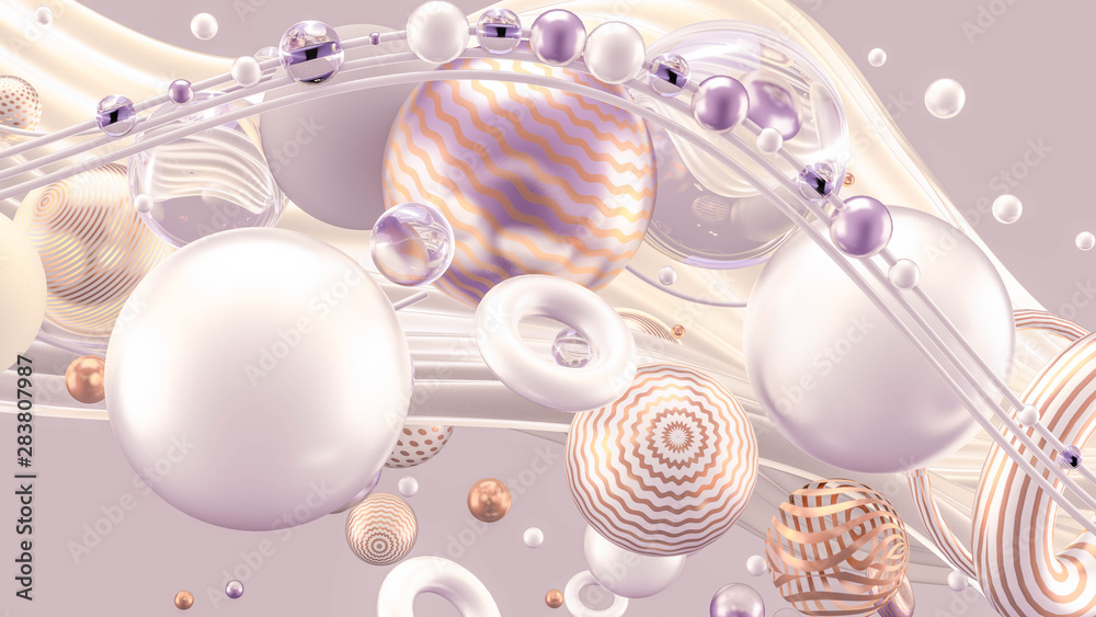 Obraz premium Beautiful abstract background with volume elements, balls, texture, lines. 3d illustration, 3d rendering.
