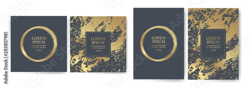 Set of design templates with golden texture, marble effect. Luxury and elegance Suitable for wedding invitations, VIP events, covers, promotions.