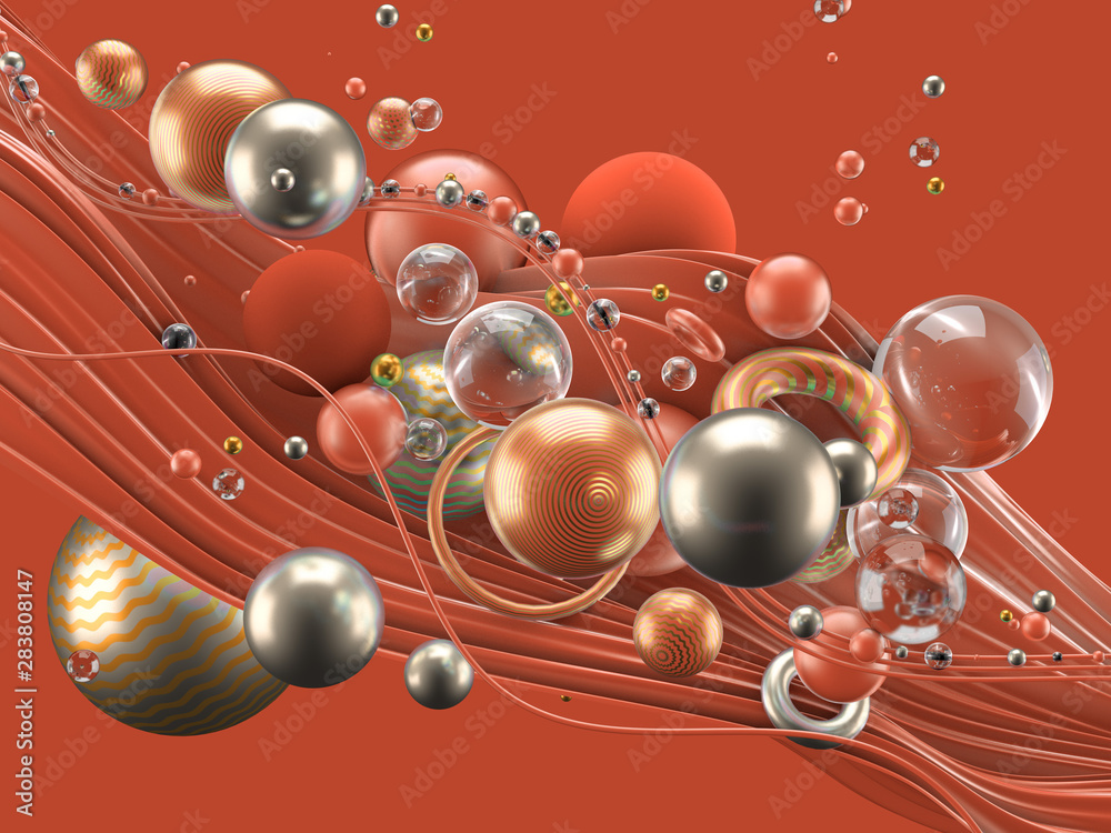 Obraz premium Beautiful abstract background with volume elements, balls, texture, lines. 3d illustration, 3d rendering.