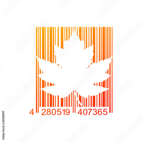 Icono plano hoja de arce en espacio negativo en código de barras en color naranja