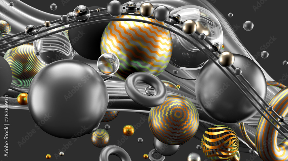 Beautiful abstract background with volume elements, balls, texture, lines. 3d illustration, 3d rendering.