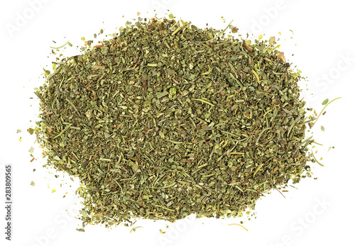 Fototapeta Naklejka Na Ścianę i Meble -  Mixed Italian herb seasoning on a white background, top view.
