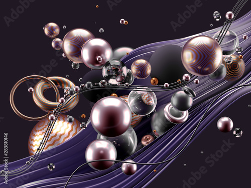 Beautiful abstract background with volume elements  balls  texture  lines. 3d illustration  3d rendering.