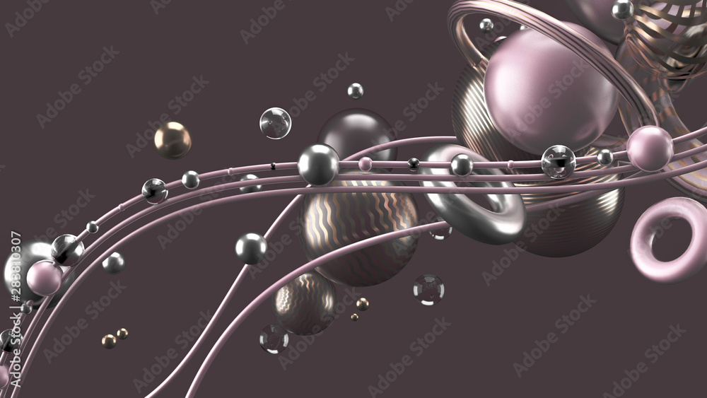 Obraz premium Beautiful abstract background with volume elements, balls, texture, lines. 3d illustration, 3d rendering.