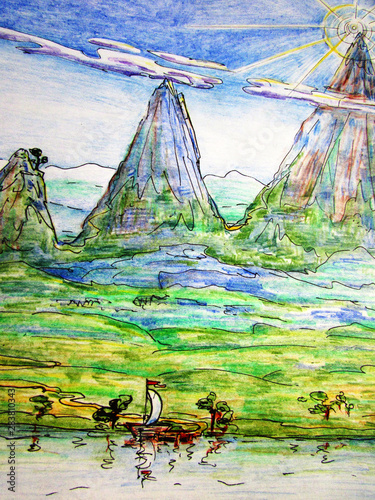 Hand-drawn illustration of a mountain, a green valley and a small boat with a white sail on the river water.