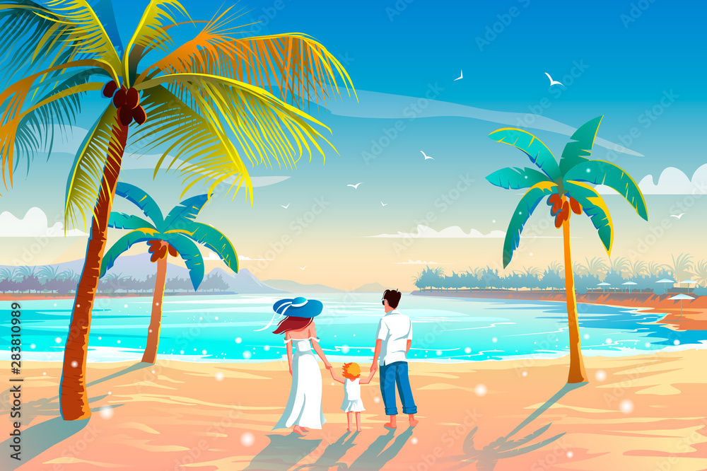 Back view of a happy family on tropical beach summer vacation Father, mother and child against blue sea
