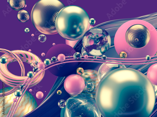 Beautiful abstract background with volume elements, balls, texture, lines. 3d illustration, 3d rendering.