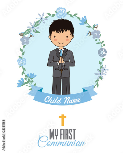 Invitation my first communion. Boy inside a flower frame