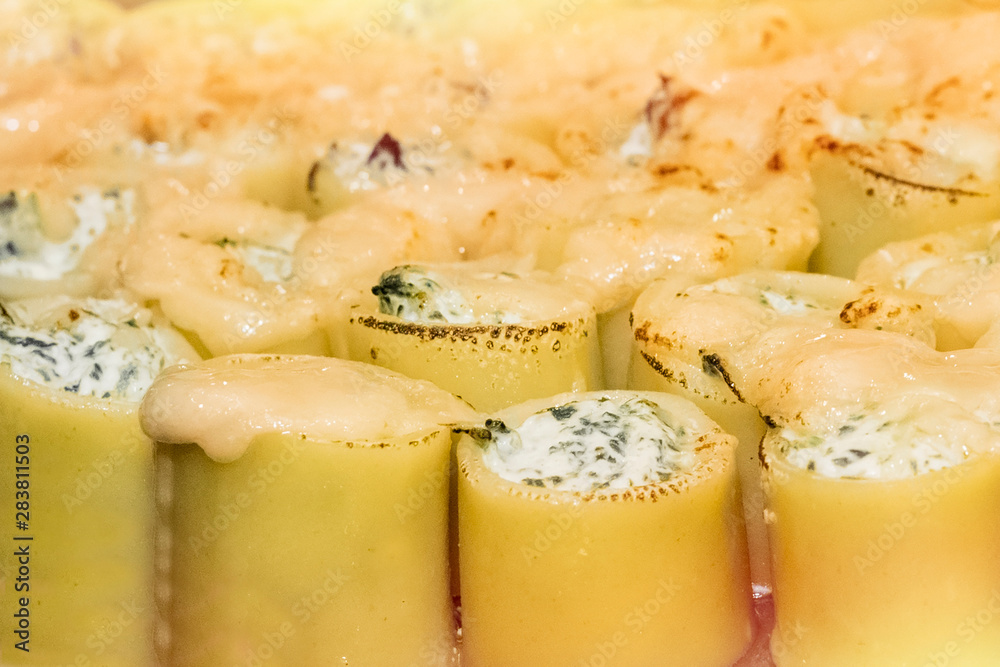 Cannelloni with a delicate cream of ricotta, spinach and cherry tomato sauce. Cooking in a restaurant. Copy space Cannelloni with a delicate cream of ricotta, spinach and cherry tomato sauce. Cooking in a restaurant. Copy space