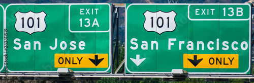 Photography Interstate 101 highway road sign showing drivers the directions, exit number and
