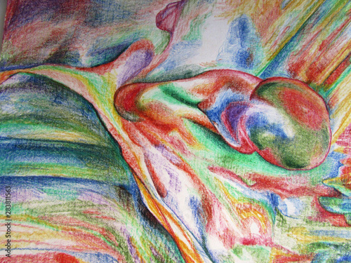 Abstract iridescent multi-colored motley bright pattern with shapes and stripes of colored pencils.