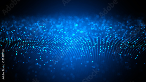 Digital technology background. Network with glowing light blue dots structure. Big data cloud, 3d illustration. Blockchain network concept. Futuristic data flow.