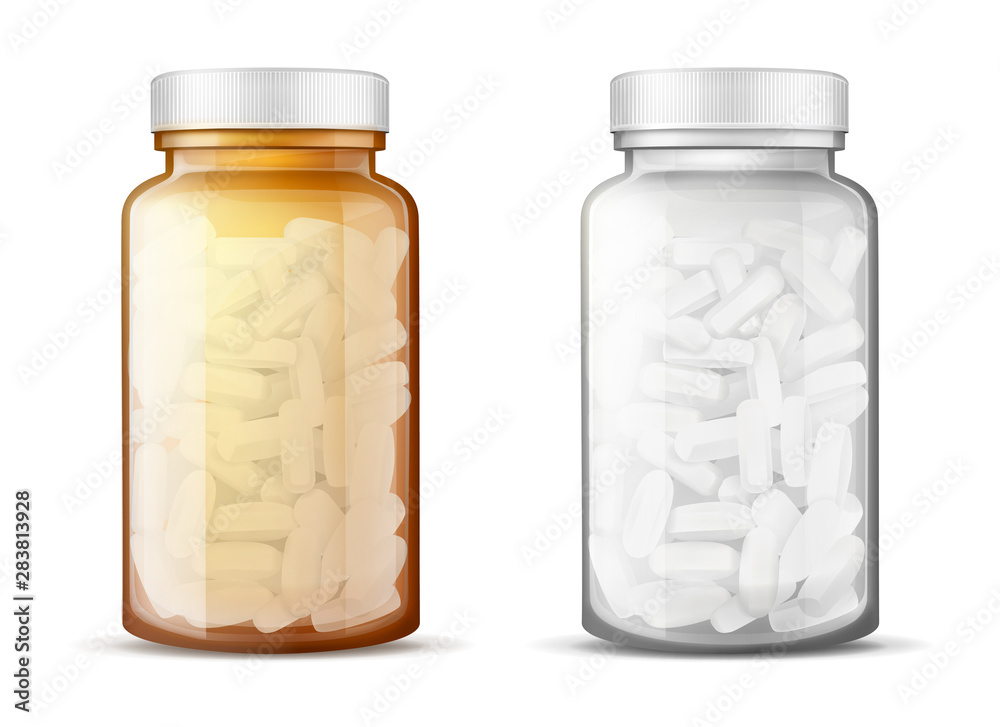 Transparent white, amber glass bottles with plastic lid full of medicines, vitamin, antibiotic, painkiller pills 3d realistic vector isolated on white background. Pharmaceutical goods packaging mockup Transparent white, amber glass bottles with plastic lid full of medicines, vitamin, antibiotic, painkiller pills 3d realistic vector isolated on white background. Pharmaceutical goods packaging mockup