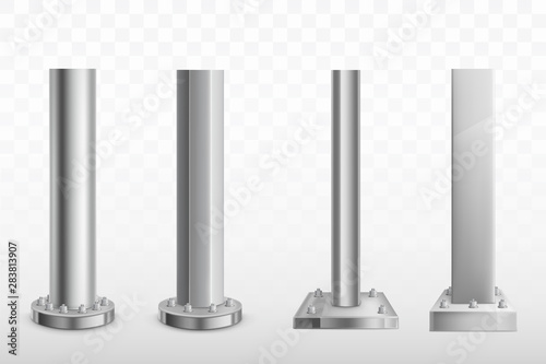 Different shape and form metallic pillars or columns screwed with bolts and screw-nut to massive round and square base 3d realistic vector set. Architectural  industrial construction support element