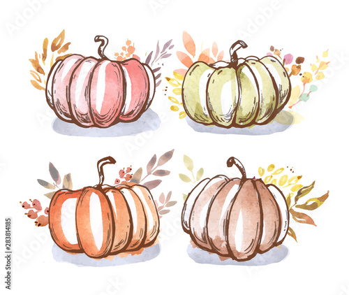 Autumn pumpkins in watercolor style
