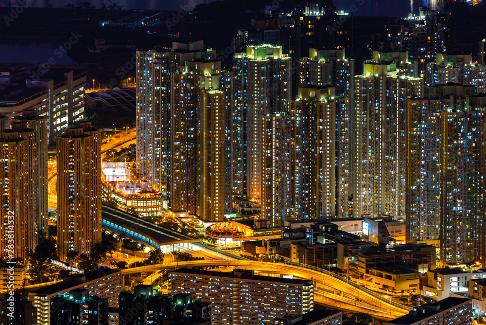 Hong Kong cityscape at night, sky scraper building