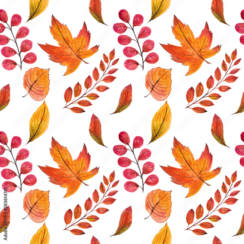 Beautiful seamless pattern with autumn leaves. Watercolor handpainted illustration. Isolated on white background. for greeting card, halloween invitation, thanksgiving day, design, wallpaper, textile