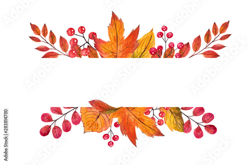Beautiful frame autumn leaves. Watercolor handpainted illustration. Isolated on white background. Can be used in greeting card, halloween invitation, thanksgiving day, design, wallpaper, textile photo