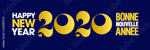 Bannière pour les vœux 2020 graphique et typographique or sur fond bleu nuit - texte français et anglais - traduction : bonne année.